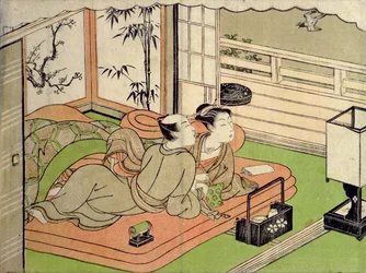 一筆斎文晁（1725-94）の「春画」：カッコウに聞き入る恋人たち。