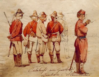 千人遠征中のカラブリア軍兵士、イラスト：Ippolito Caffi
