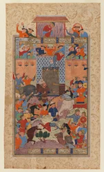 Shahnamehからのフォリオ：イラン人の捕獲Afrasiyabs要塞、c.1580-1590（紙にインクと不透明なトイレ）
