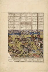 Demotte Shahnameh: 1330 年頃、カブールの王を追うファラマルズ。