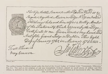1762年付けのアイルランドのグランドロッジのシールの下で発行された最も古い既知の証明書のファクシミリ