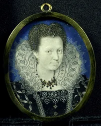 女性の肖像、c.1600-17（羊皮紙、金属、ガラス）