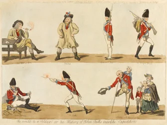 彼は兵士でしょうか？またはジョンブルズの歴史戦争のような遠征、1793年（色のエッチング）