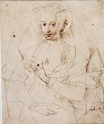 未知の女性の肖像画、正式にはルーシーハリントンと呼ばれるベッドフォード伯爵夫人、ミニチュアのスケッチ（No.3902）c.1605（ペンとインク、紙にチョーク）（58811も参照）