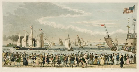 1838年4月23日、ニューヨークのパブにあるグレートウエスタンスチームシップの到着。 1842（手描きの彫刻）