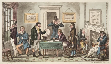 1824年にロンドンで出版されたThe English Spyの、Springing House、Carey Street、ちょっとした真実のロックアップシーン。