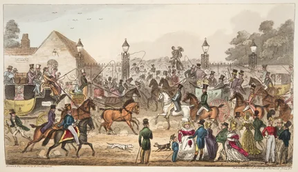 到着、またはコックニー・ランドへの西側入口、The English Spyより、1824年刊行