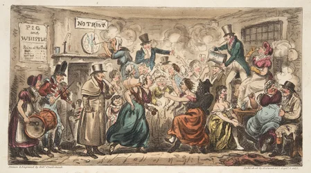英国のスパイ、パブからの豚と笛、エイボンストリート、バースのバフクラブ。ロンドン、1824年（手描きの彫刻）