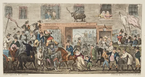 イングリッシュスパイのコミカルな行列。 1824年（手塗りの彫刻）グロスターからバークレー、The English Spy、パブ。 1824（手塗りの彫刻）