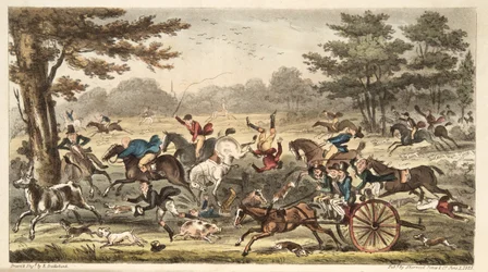 エッピングの狩猟、または追跡中のコックニーの滑稽さ、The English Spyより、1824年刊行