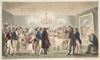 パブThe English Spyのキングスシアターのグリーンルーム、または外国の珍品を見ている高貴なアマチュア。 1824（手塗りの彫刻）