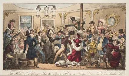 Hall of Infamy、別名Brydges-Streetのオイスターサルーン、またはThe English SpyのパブにあるNew Covent Garden Hell。 1824（手塗りの彫刻）