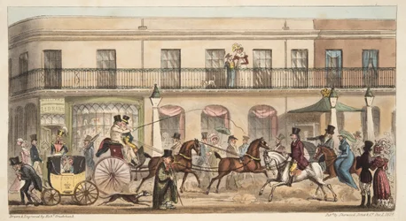英国スパイ、パブからのハイストリート、チェルトナム。 1824（手塗りの彫刻）