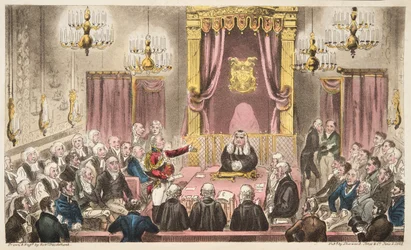 イギリスのスパイ、パブからのハイディベートの貴族院。 1824（手塗りの彫刻）