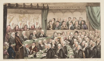 ウェストミンスターホール、The English Spyのパブ。 1824（手塗りの彫刻）