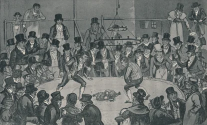 王立闘鶏場にて、1821年、1920年。画家：アイザック・ロバート・クルックシャンク、ジョージ・クルックシャンク。