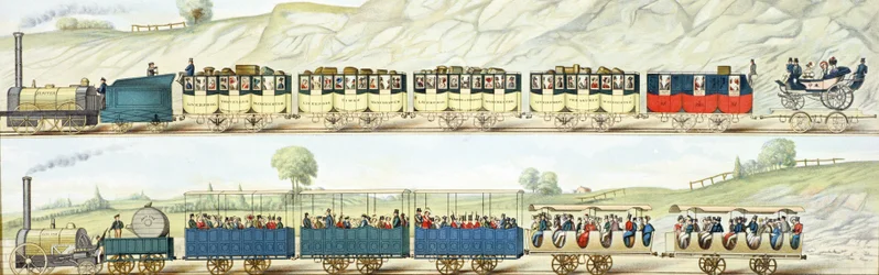 SGヒューズによって彫刻されたリバプールとマンチェスター鉄道の旅、1831年