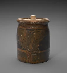 ふた付きの瓶、c。 1873-1882（すべり釉石器）