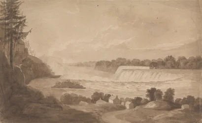 Vista das Cataratas do Niágara com as cataratas ao fundo, à direita e paisagem com casas em primeiro plano