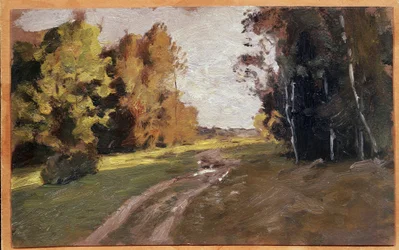 夕方、森の中の小道。 （夕方、森の中の小道）。 Isaac (Isaac) Ilyich Levitan (1860-1900) による絵画、キャンバスに油彩