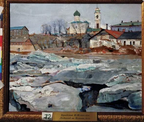 プスコフに漂う氷。 Isaak Izrailevich Brodsky (Brodsky) (1884-1939) による絵画。 ボール紙に油彩