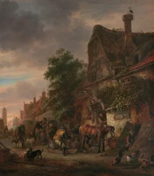 旅館の前の労働者