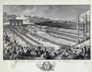 フランス革命：1791年7月14日、パリのシャン・ド・マルスで行われたフランス部族総連合会の祝祭の様子。イシドール・ヘルマン（1743-1809）によるイラスト 18世紀 パリ、カルナヴァレ美術館
