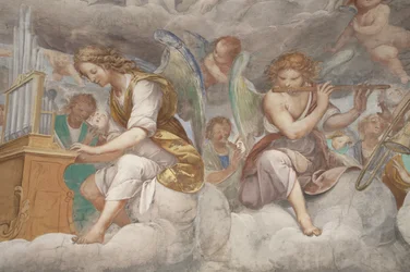 天使、ミュージシャンの天使とプット、永遠の父との楽園の詳細、1623-34年（3496185の詳細）