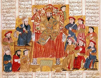 イスラム美術。"A Sultan and His Court" フェルダウシ（Firdawsi, or Ferdawsi, or Firdousi, ca 940-around 1020）による叙事詩「シャーナメ」（Shah Nama, Shahnama）（王の書）の写本からのペルシア語細密画 1330年頃 イスタンブール、トプカプ博物館