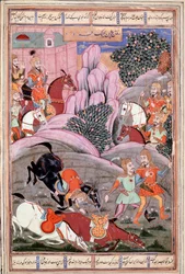 イスラム美術。"Bijene and Roham go to attack Firoud" フェルダウシ（Ferdawsi, or Ferdawsi, or Firdousi, ca 940-around 1020）の叙事詩「シャーナメ」（Shah Nama, Shahnama）（王の書）の写本からのペルシャの細密画（ms.607） Chantilly, Muse