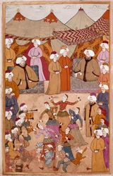 イスラム美術。「スルタン・アフメット3世(1673-1736)の喜びのための踊り」レフニ紙にグワッシュ 「スルナマ」(愛称i)ヴェービより）デビュー18世紀 トプカプ・サライ博物館（イスタンブール