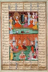 イスラム美術。「イエメン王セロの3人の娘の結婚」 ペルシャの細密画 フェルダウシ（Ferdawsi, or Ferdawsi, or Firdousi, ca. 940-around 1020）の叙事詩「シャーナメ」（Shah Nama, Shahnama）（王の書）の写本から（ms.60
