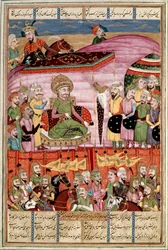 イスラム美術。"Sohrab (Saharab) stands at the tent of Roustam" フェルダウシ（Ferdawsi, or Ferdawsi, or Firdousi, ca. 940-around 1020）の叙事詩「シャーナメ」（Shah Nama, Shahnama）（王の書）の写本からのペルシャ細密画（ms.607） Lly,