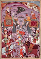 イスラム美術。「ルスタムとアイウル・サムの最初の出会い」 フェルダウシ（Ferdawsi, or Ferdawsi, or Firdousi, ca 940-around 1020）の叙事詩「シャーナメ」（Shah Nama, Shahnama）（王の書）の写本からのペルシャ語細密画（ms. 607） 聖歌