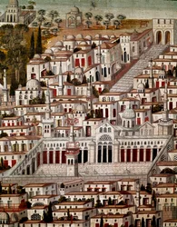 イスラム美術。ダマスカスのウマイヤーズ（705〜715年）の大モスクのあるダマスカスの風景。17世紀の匿名のシリアの絵画。シリア、ダマスカス、アゼム宮殿またはアズム。