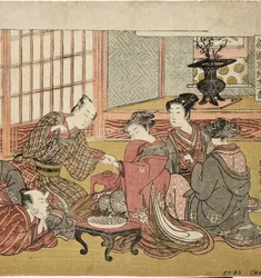 裕福な世帯の宴会、1770-74（木版）
