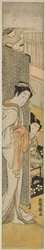 画面の後ろに立つ娼婦とタバコを吸う若者