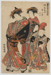 ファッションのモデル：若葉としての新しいデザイン：四つ目屋の花菜七里と伴奏者のななじとさとじ、江戸時代、1778〜80年（色木版画）