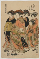 ファッションのモデル：若葉としての新しいデザイン：桂、トメキ、およびアテンダントと大門寺の遊女タガソデ、江戸時代、1778〜80年（色木版画）