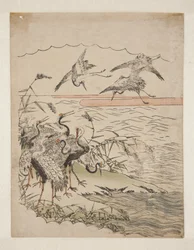 折り返しの鶴（カラー木版画