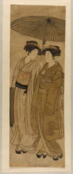 傘の下を歩く 2 人の若い女性