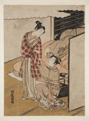 恋人の袖を持つ女（カラー木版画