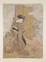 女とすずめ（カラー木版画