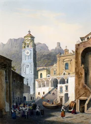 アマルフィの大聖堂と旧ファサード（カラーリトグラフ