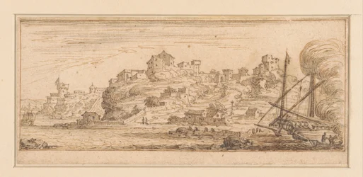 右側に改装中の船がある海岸の景色 海辺の風景を描いた版画シリーズのデザイン（シリーズ名）
