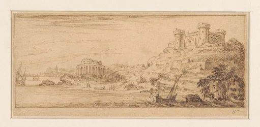 右側の帆船の船長と海岸の景色 海辺の風景を描いた版画シリーズのデザイン（シリーズタイトル）