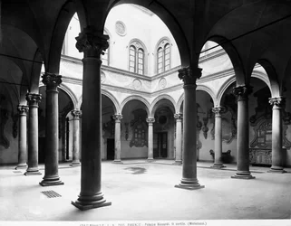 イタリア・フィレンツェ、メディチ・リッカルディ宮殿の中庭、1890年頃（モノクロ写真