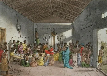 ジュール・フェラリオ著「Le Costume Ancien et Moderne」（1820年代〜30年代に出版）のプレート11「A Banquet in Abyssinia」（カラーリトグラフ）。