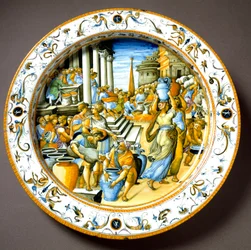 古代ローマの教会堂（コンギウム）（ワインや油を民衆に自由に配る） イタリア、ウルビーノのフォンタナ工房で製作された陶板。1550年頃 フィレンツェ、バルジェッロ美術館 古代ローマのコンギウム（ワインやオイルを人々に無料で配布する場所）。