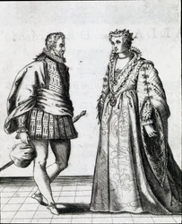 イタリアの貴族のカップル。1581年、舞踊家ファブリチオ・カローゾ（1527/1535-1605/1620）の踊りを扱った「Il ballarino（またはIl ballerino）」の版画。ボローニャ市立音楽図書館蔵